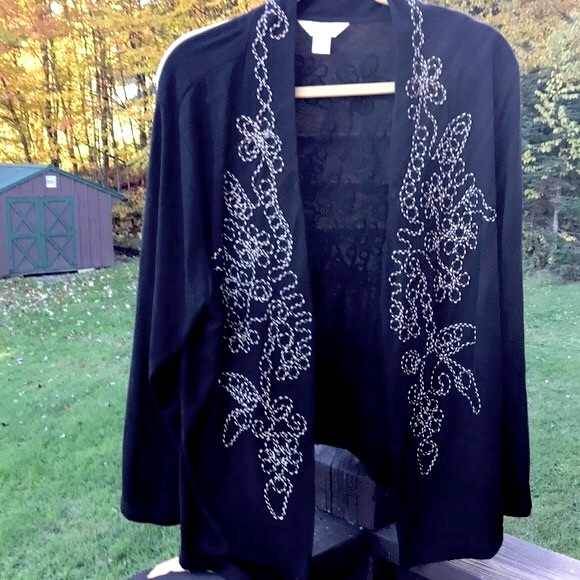 CJ Banks Sweaters - CJ Banks Embroidered Open Front Knit Cardigan. Black and Tan. Plus Size 1X